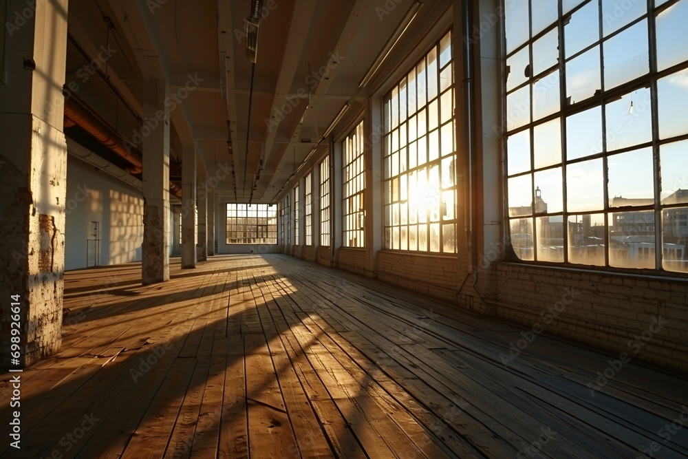 Sunlight streaming through large windows in a large building
