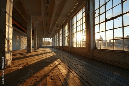 Sunlight streaming through large windows in a large building
