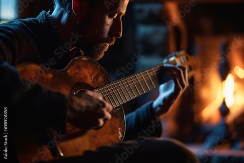 A man playing a guitar in a dark room.