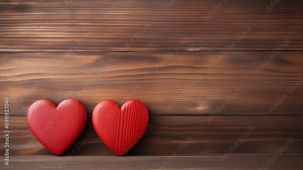 Two red hearts on wooden background, copy space - generative ai Two red hearts on wooden background, copy space - generative ai