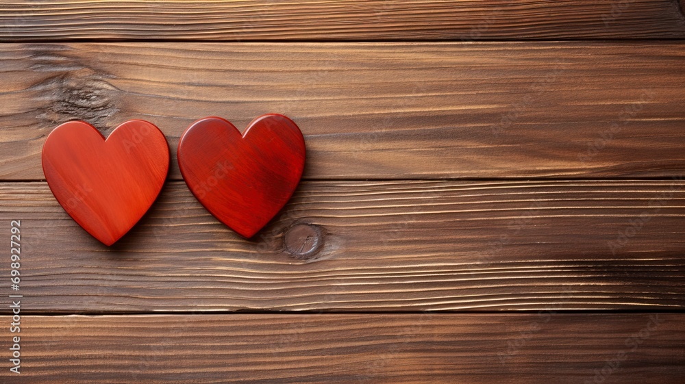 Two red hearts on wooden background, copy space - generative ai Two red hearts on wooden background, copy space - generative ai