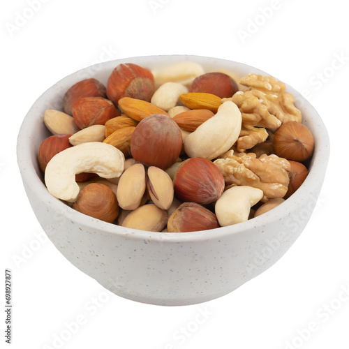 mixed nuts in wooden bowl - isolated