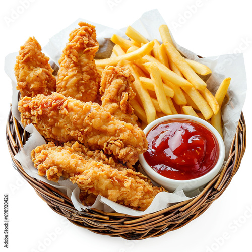 Delicious Basket of Chicken Strips and French Fries. Isolated transparent background, ai technology