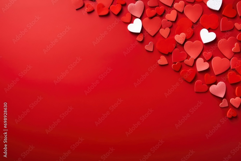 Red hearts background, paper cut romantic concept, top view. Beautiful cute hearts on red table Red hearts background, paper cut romantic concept, top view. Beautiful cute hearts on red table