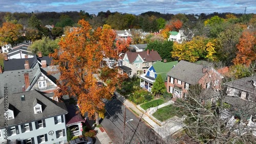 Colorful autumn trees among suburban homes in USA town in New England region. Aerial perspective. photo