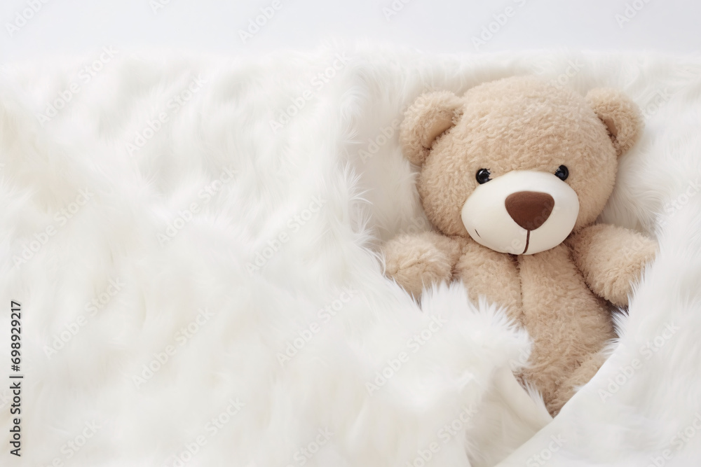 Teddy bear toy in white fur blanket