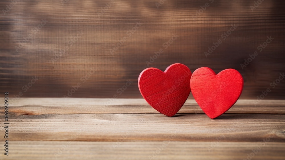 Two red hearts on wooden background, copy space - generative ai Two red hearts on wooden background, copy space - generative ai