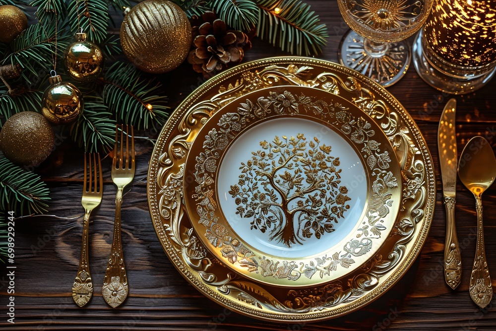 Golden Tree Plate with Forks and Knives