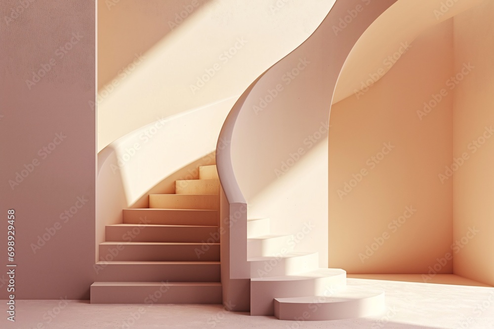 A set of stairs leading up to a spiral staircase A set of stairs leading up to a spiral staircase
