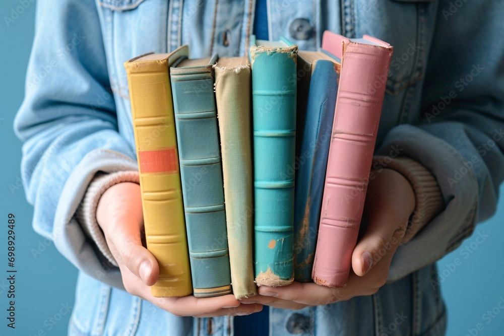 A person holding a stack of books with a blue jacket