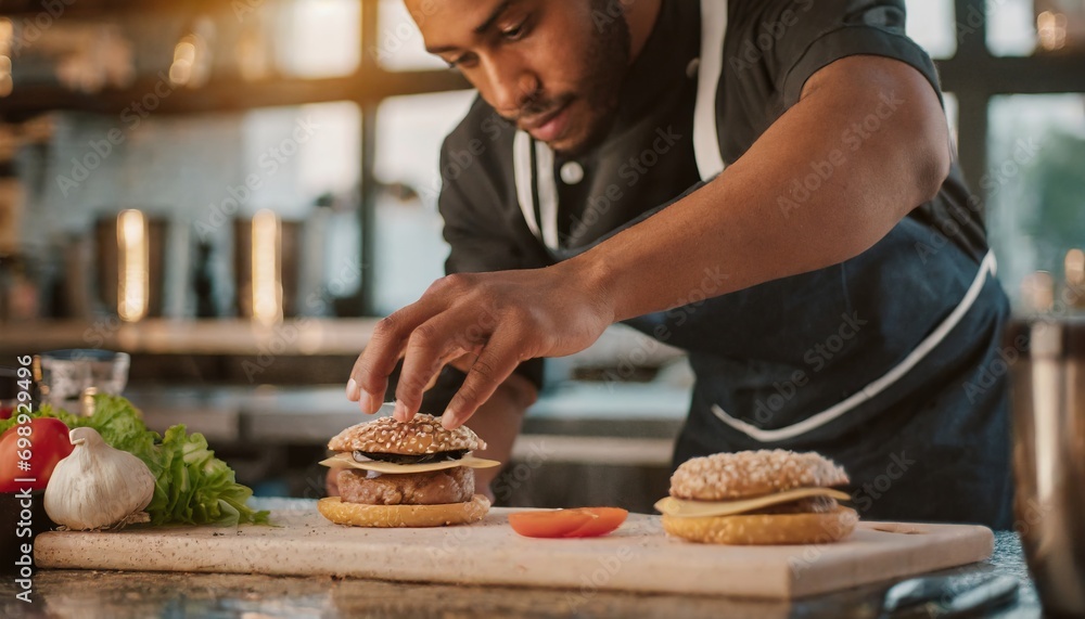 Close-up of a chef cooking healthy burgers Close-up of a chef cooking healthy burgers