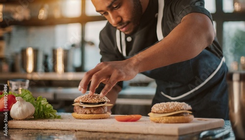 Close-up of a chef cooking healthy burgers
