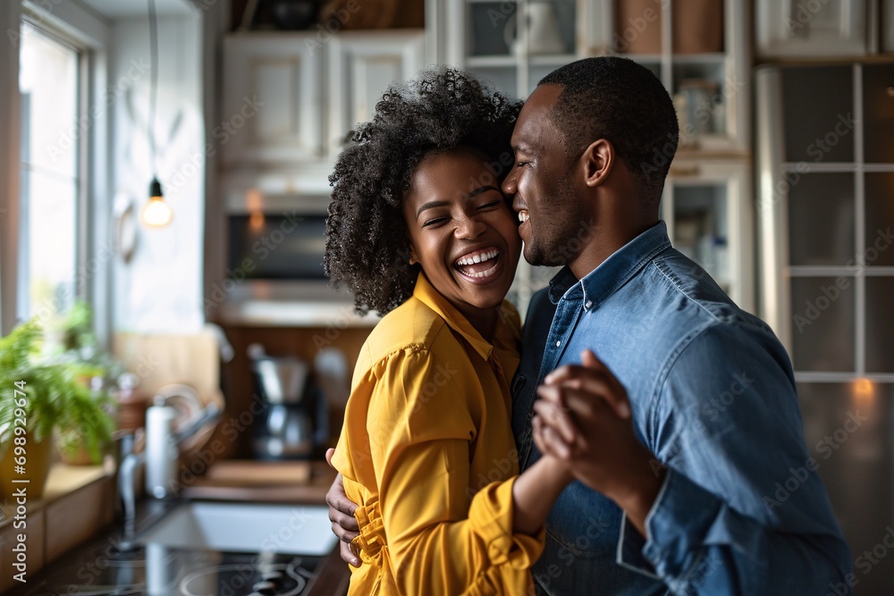 African American Couple Dancing in Kitchen