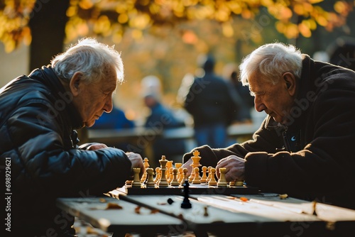 Two men playing chess on a wooden table