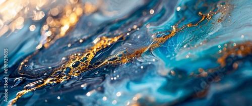 A blue and yellow ocean wave with a golden substance