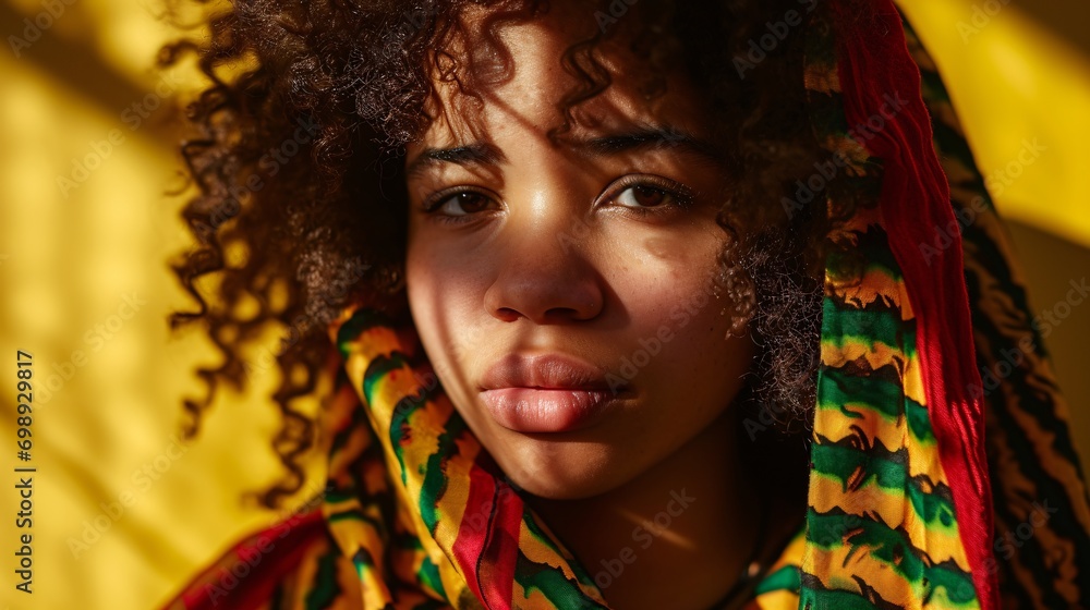 A woman with curly hair and a colorful scarf A woman with curly hair and a colorful scarf