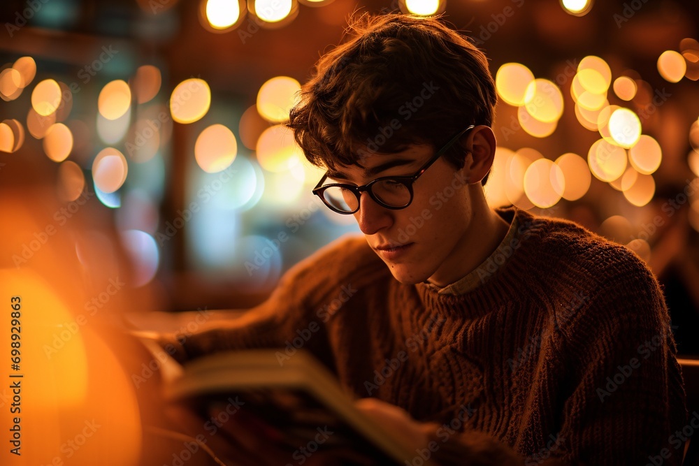 A man reading a book in a dimly lit room. A man reading a book in a dimly lit room.