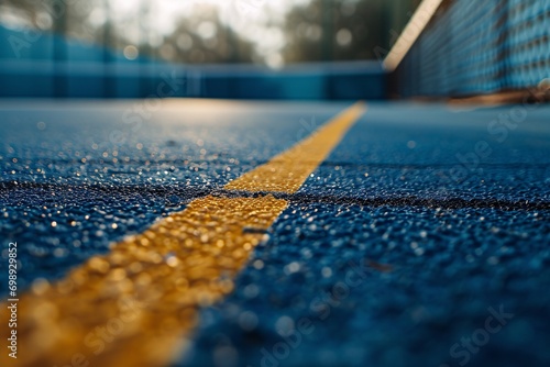 A yellow line on a blue tennis court photo
