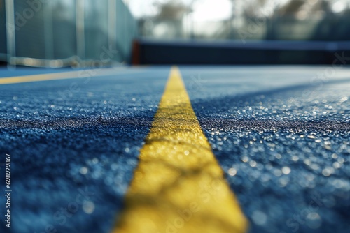 A yellow line on a blue tennis court
