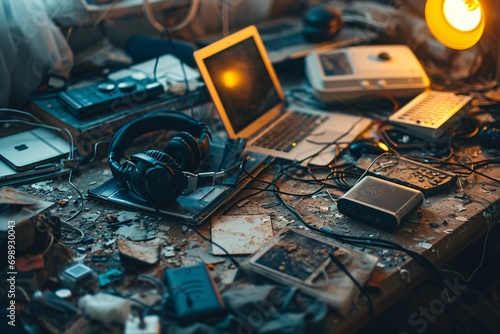 A cluttered workspace with multiple electronic devices and wires.