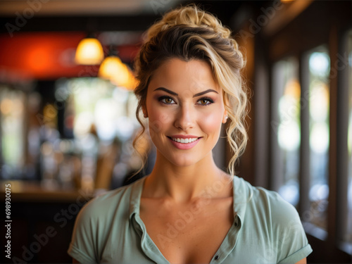 Positive Vibes  Capturing the Charm of a Smiling Waitress in the Entrance