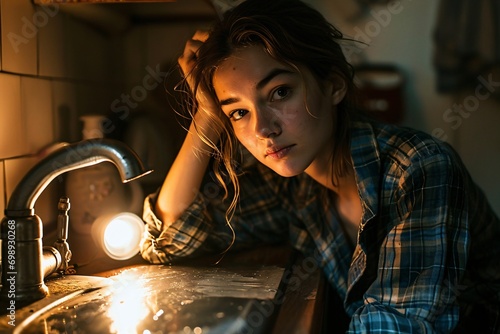 A woman with long hair and a frown on her face, leaning on a sink in a dimly lit room. photo