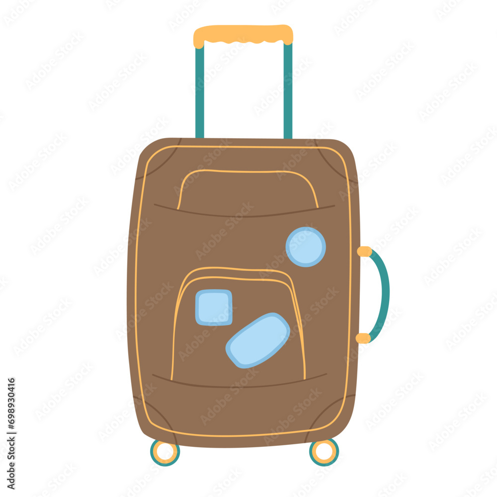 Brown suitcase with retractable handle and on wheels for travel and business trips. Flat vector illustration of traveler's luggage in old style Brown suitcase with retractable handle and on wheels for travel and business trips. Flat vector illustration of traveler's luggage in old style