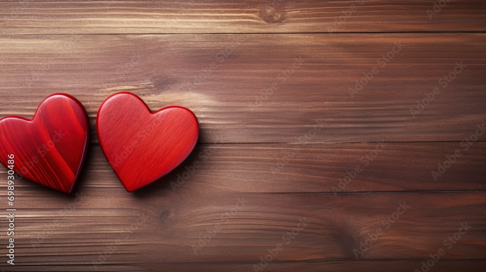 Two red hearts on wooden background, copy space - generative ai Two red hearts on wooden background, copy space - generative ai