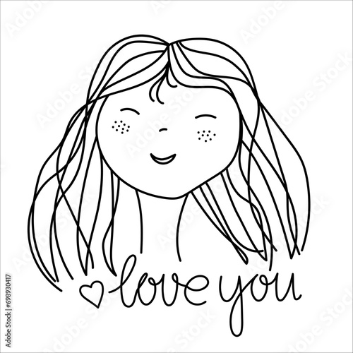 Smiling Young Girl closed her eyes. Love You handwritten lettering. Hand drawn beautiful long-haired female child portrait. Linear vector illustration.