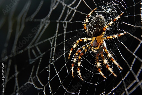A close-up of a spider with a web background