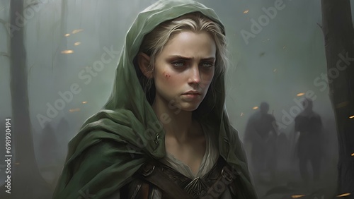 The image shows an elf after the battle, who won, but suffered serious losses. 