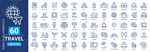 Travel icon outline set. Containing plane, tourism, passport, navigation, holiday, suitcase, trip, ticket and more. Vector line icons collection.