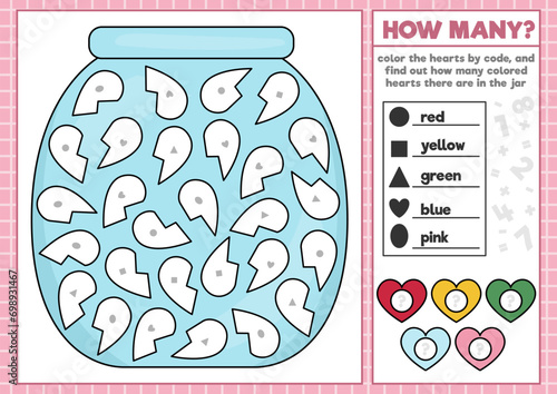 Vector Saint Valentine coloring and math puzzle with jar and hearts. Logical printable counting activity for kids. Love holiday worksheet with cute symbol. Original shape recognition game for children