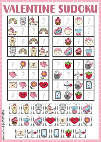 Vector kawaii Saint Valentine sudoku puzzle for kids with pictures. Simple love holiday quiz with cut and glue elements. Education activity with heart, unicorn, flower, sweet box. Find missing objects