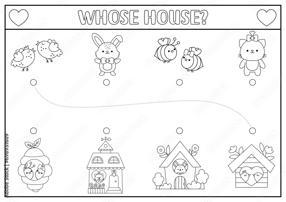 Saint Valentine black and white matching activity with kawaii character, homes. Fun love holiday puzzle with cat, birds, bunny, bumblebee. Printable worksheet, game, coloring page for kids.