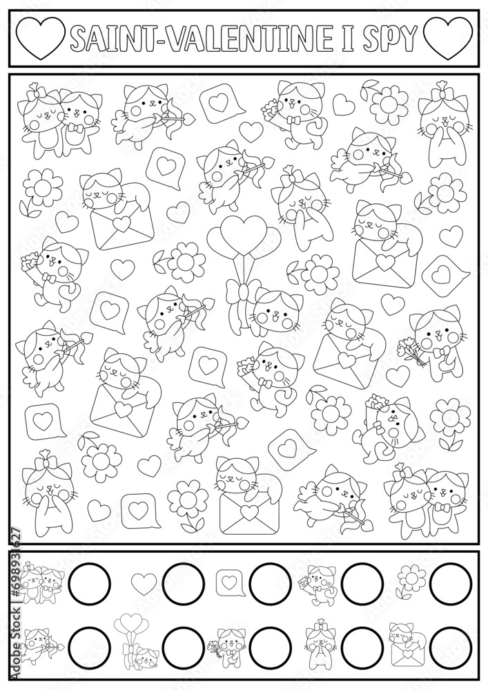 Saint Valentine black and white I spy game for kids. Searching and counting kawaii activity. Love holiday printable worksheet for preschool children. Simple puzzle, coloring page with cats, hearts.