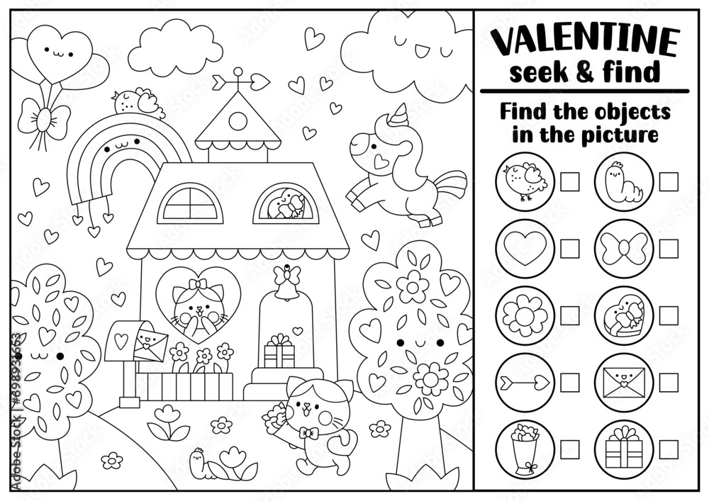 Vector Saint Valentine black and white searching game with house and kawaii character. Spot hidden objects coloring page. Simple love holiday seek and find activity with unicorn, cupid, hearts. Vector Saint Valentine black and white searching game with house and kawaii character. Spot hidden objects coloring page. Simple love holiday seek and find activity with unicorn, cupid, hearts.