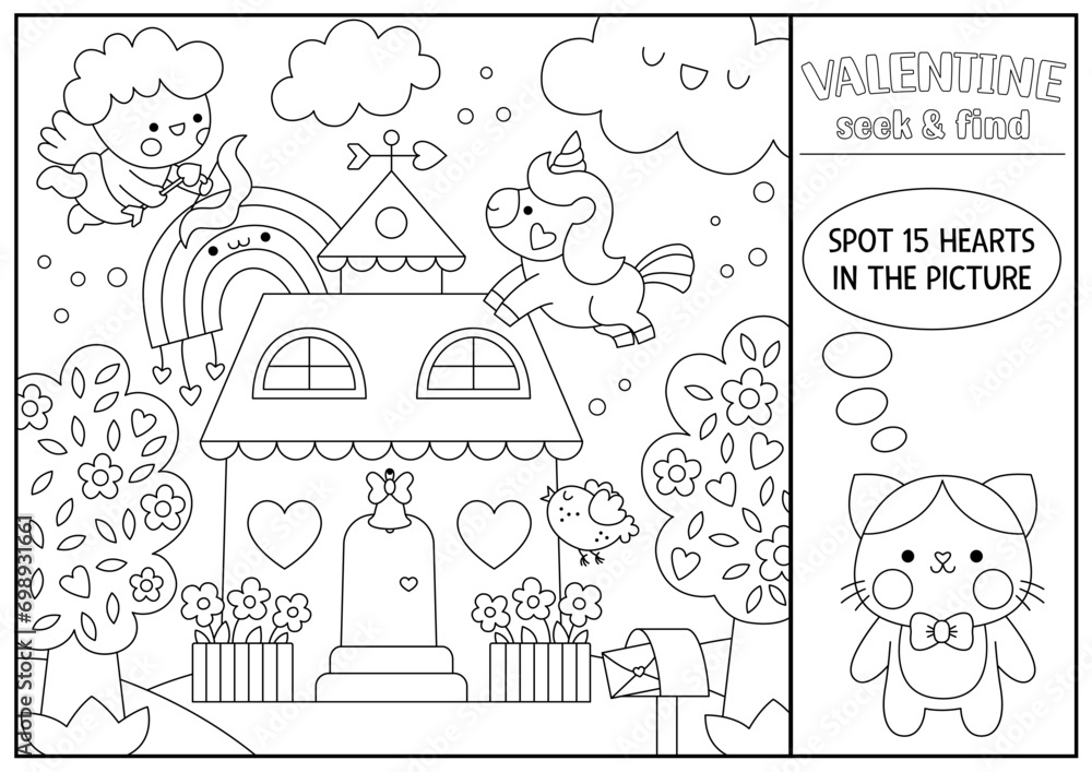 Vector Saint Valentine black and white searching game with house and kawaii characters. Spot hidden object. Simple love holiday seek and find activity, coloring page with unicorn, cat couple, heart. Vector Saint Valentine black and white searching game with house and kawaii characters. Spot hidden object. Simple love holiday seek and find activity, coloring page with unicorn, cat couple, heart.