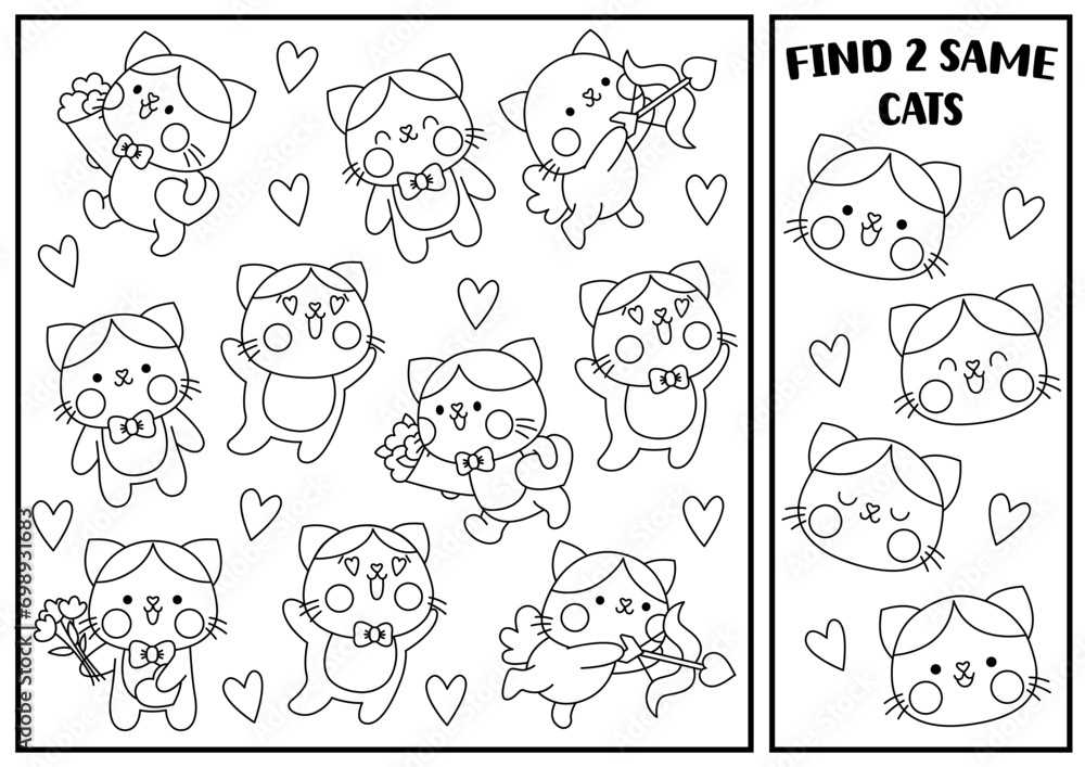 Find two same cats. Saint Valentine kawaii black and white matching activity. Love holiday educational line quiz worksheet for kids. Simple printable game, coloring page with cute kittens.