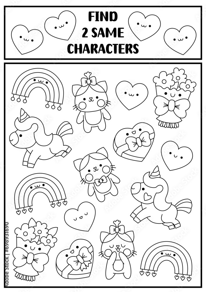 Find two same characters. Saint Valentine kawaii black and white matching activity. Love holiday line educational quiz worksheet for kids for attention skills. Simple printable game, coloring page.