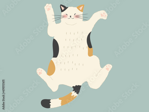 仰向きに寝転ぶ三毛猫（俯瞰）　リラックスしている三毛猫のイラスト