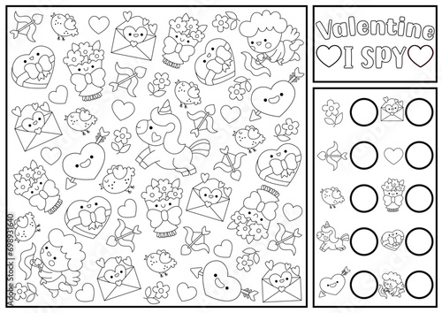 Saint Valentine black and white I spy game for kids. Searching and counting kawaii activity. Love holiday printable worksheet, coloring page. Simple spotting puzzle with unicorn, heart, cupid.