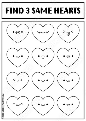 Find two same hearts. Saint Valentine kawaii black and white matching activity for children. Love holiday educational line quiz worksheet for kids. Printable game, coloring page with cute kittens.