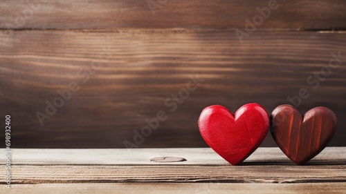 Two red hearts on wooden background, copy space - generative ai