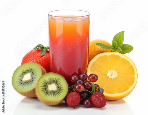 A refreshing glass of layered orange to red juice surrounded by its natural ingredients including sliced kiwi  a halved orange  strawberries  grapes  and a sprig of mint  all isolated on a white backg