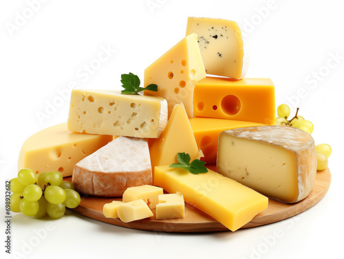 A vibrant image showcasing a variety of cheeses, including Swiss, cheddar, and blue cheese, elegantly arranged on a wooden platter, garnished with fresh green grapes and parsley