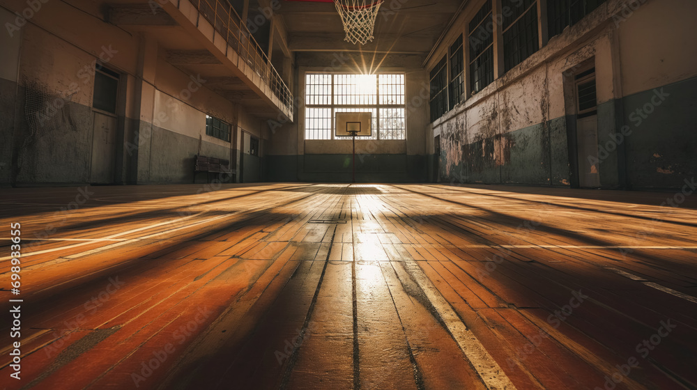 Sunlit basketball court in gym. - obrazy, fototapety, plakaty 