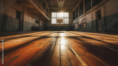 Sunlit basketball court in gym.