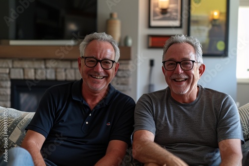 Two men sitting together, smiling and laughing