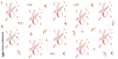 Trendy Hand Drawn Christmas Wrapping paper design with Doodle XMAS ball on the Christmas tree branch. Holiday banner. Vector illustration for textile, wrap print